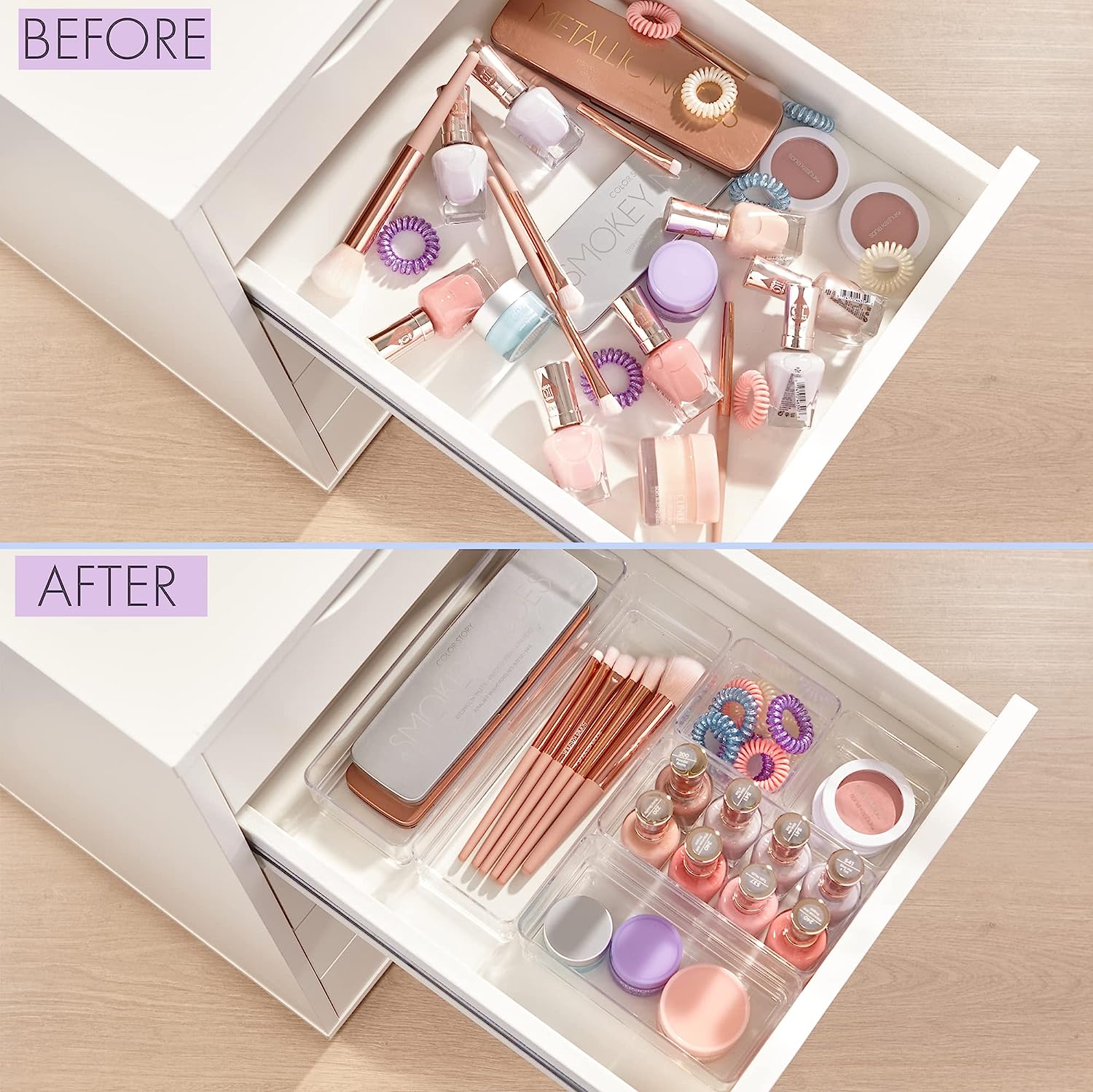 STORi SimpleSort 6-Piece Stackable Clear Drawer Organizer Set | Multi-size Trays | Small Makeup Vanity Storage Bins and Office Desk Drawer Dividers | Made in USA - Image 3